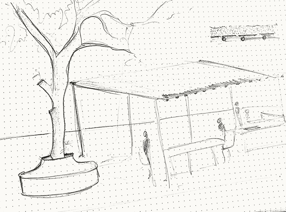 Pencil sketch of the place: a large tree with a low circular seating platform around its trunk, and a flat-roofed pergola beside it with a long bench and a service counter.