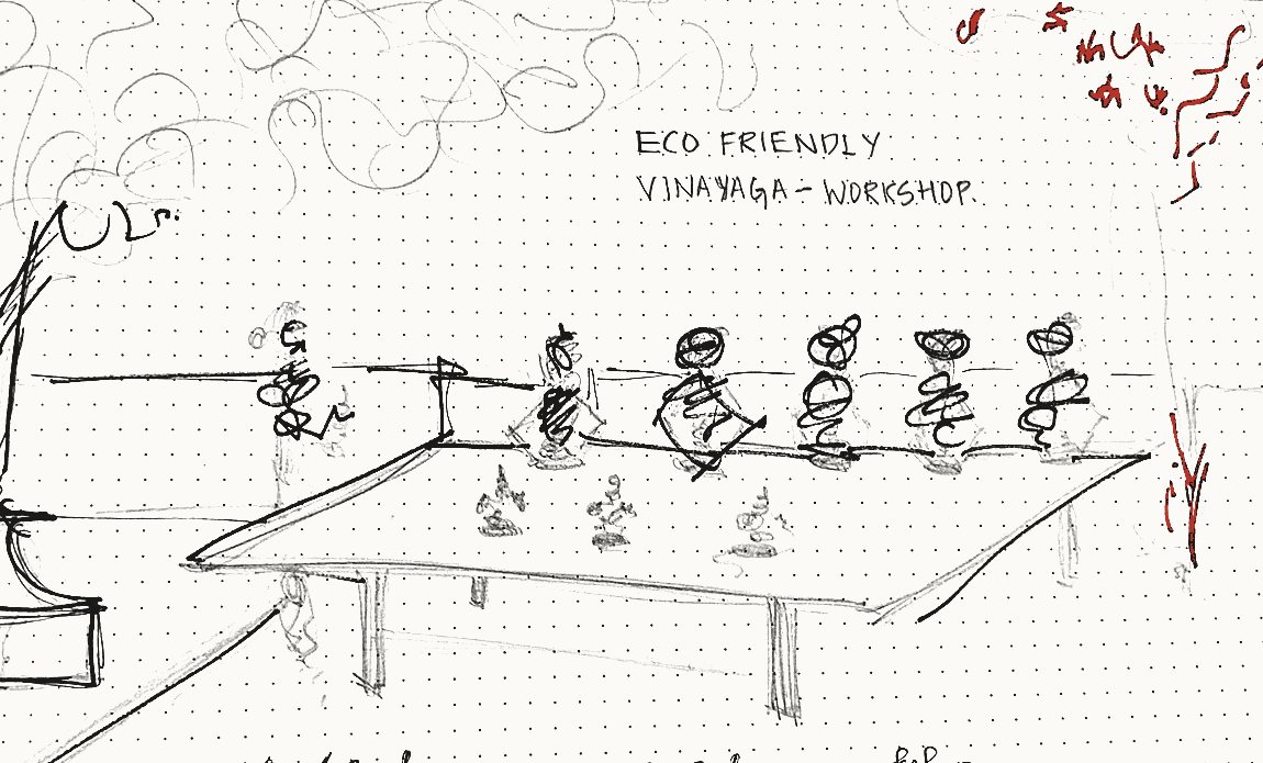 Pencil storyboard: a long table in perspective with six people seated along it working, clay figures on the table, a facilitator at the left end, a tree drawn in red pen at the right.